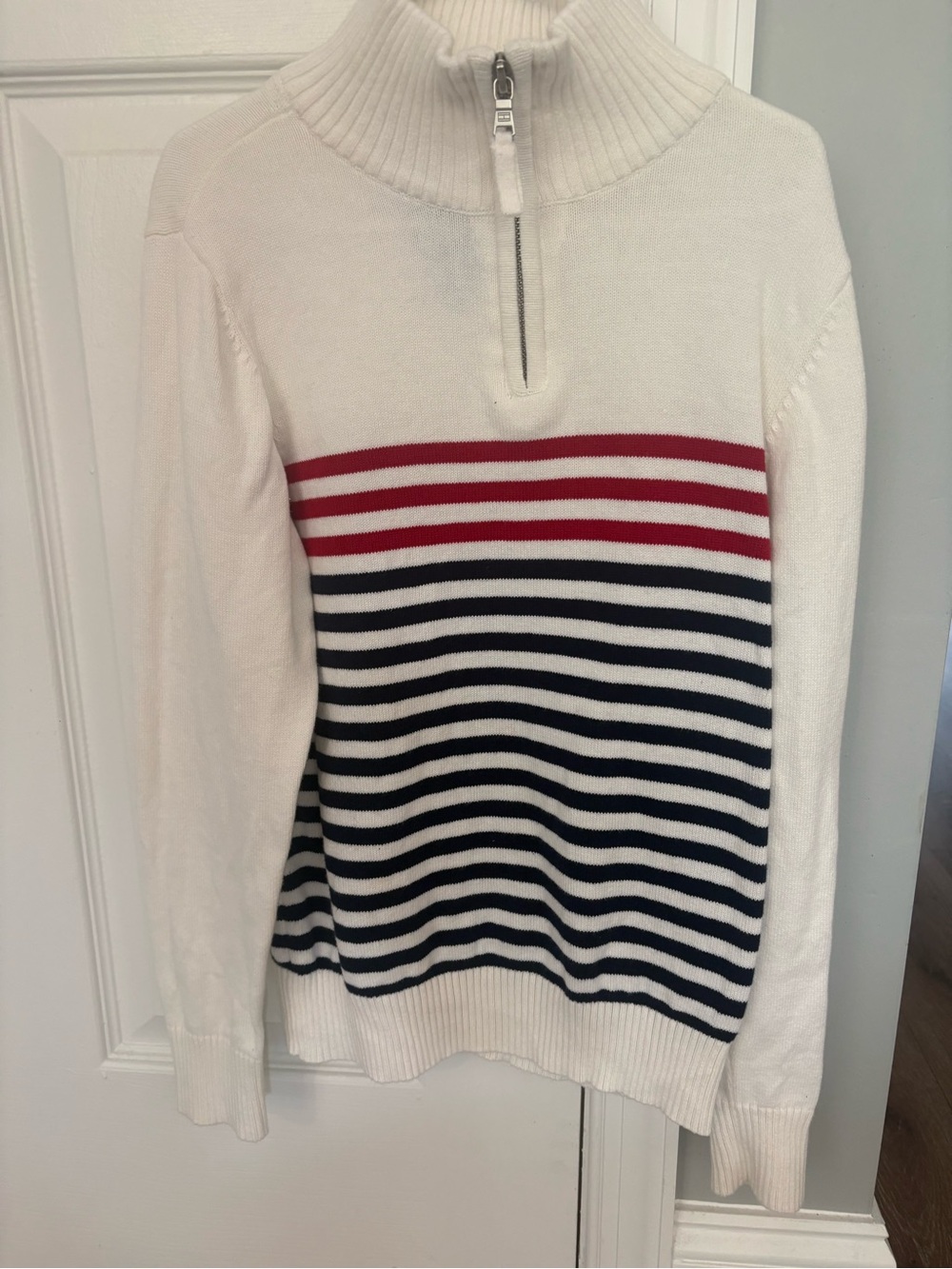 Tommy Hilfiger Boys Size 8-10 Cream Half-Zip Sweater with Red and Navy Stripes